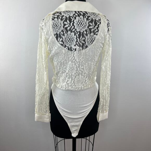 VINTAGE Anxiety Ivory Floral Lace Snap Up Long Sleeve Blouse Bodysuit Top VTG M - Picture 6 of 7